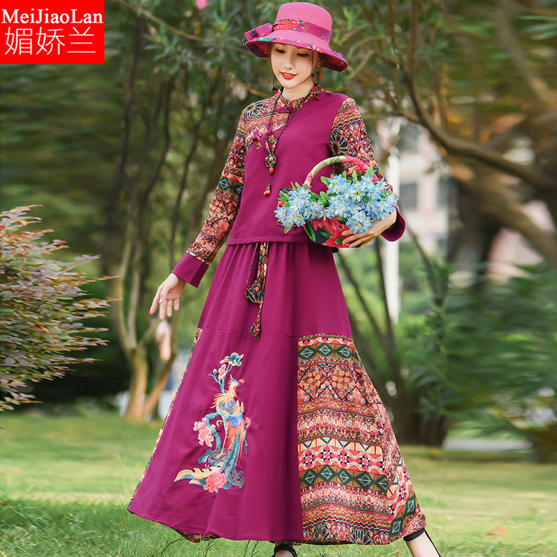 大码女装民族风连衣裙棉麻上衣女中国风复古碎花半身裙子两件套装