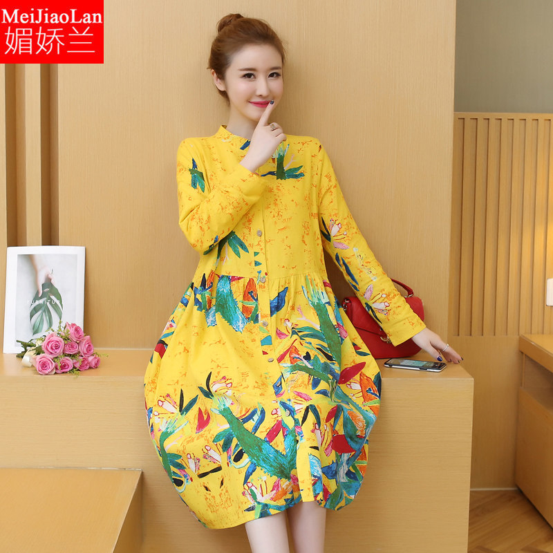 大码女装春秋碎花棉麻复古开衫外套遮肉显瘦春夏中国民族风连衣裙