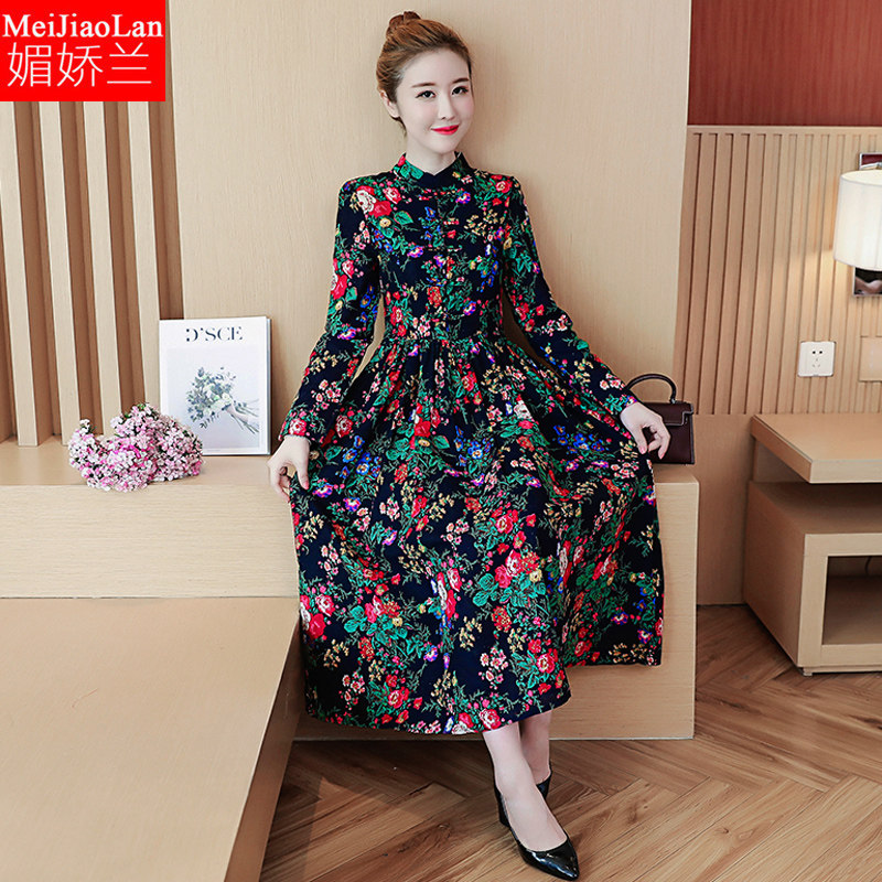 民族风棉麻连衣裙春秋修身显瘦中长款复古中国风碎花裙子女装遮肚