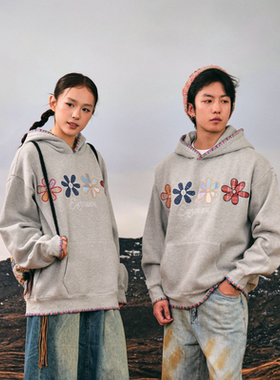 EU/EUSOUEU小花朵撞色贝壳刺绣帽檐贴布印花休闲百搭情侣连帽卫衣