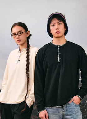 EU/EUSOUEU民族一字绣风格氛围感针织衫设计亨利领慵懒华夫格长袖