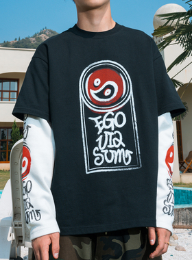 Eusoueu「 太极」系列华夫格拼色街头假两件圆领重磅情侣长袖卫衣