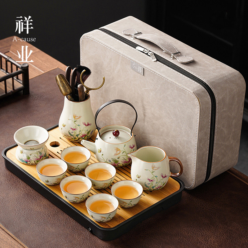 虞美人旅行茶具套组汝窑茶壶带茶盘整套户外旅游功夫可携式泡茶杯