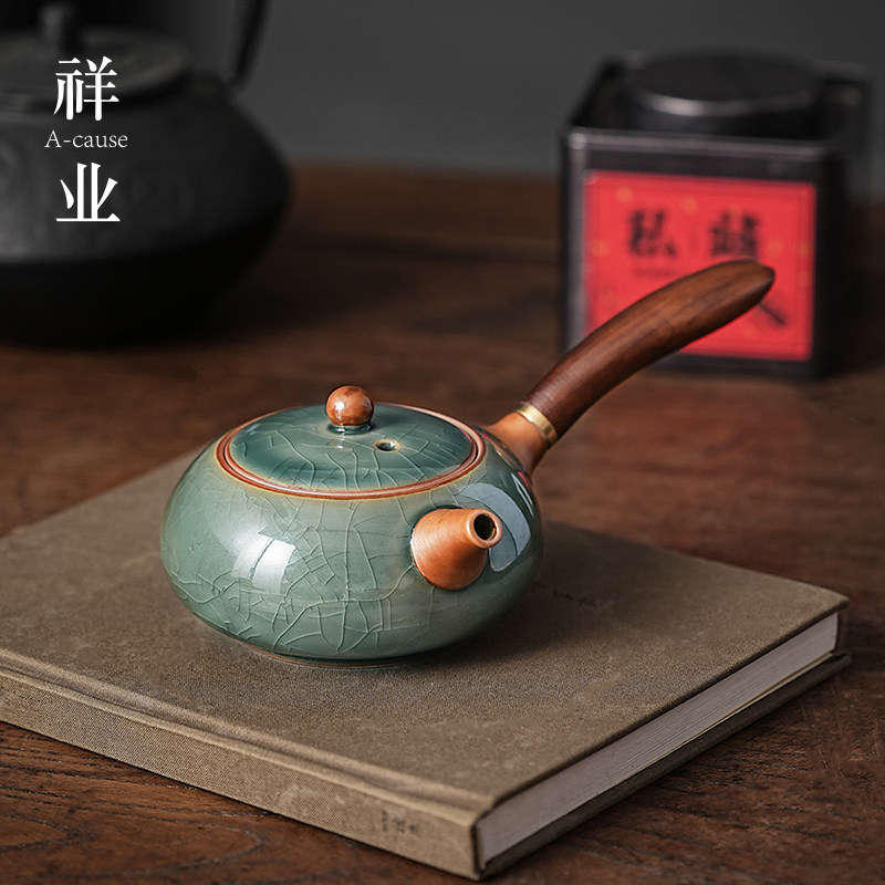 哥窑侧把茶壶单个大号泡茶家用木把防烫功夫茶具陶瓷单壶2025新款