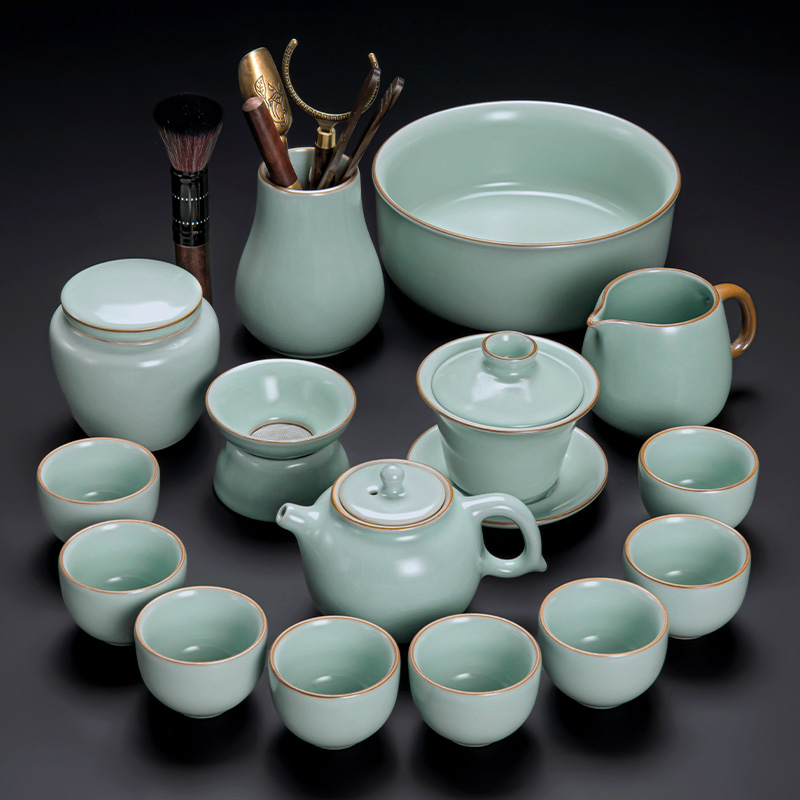 天青汝窑功夫茶具套装家用轻奢高档陶瓷泡茶盖碗茶壶杯喝茶中式