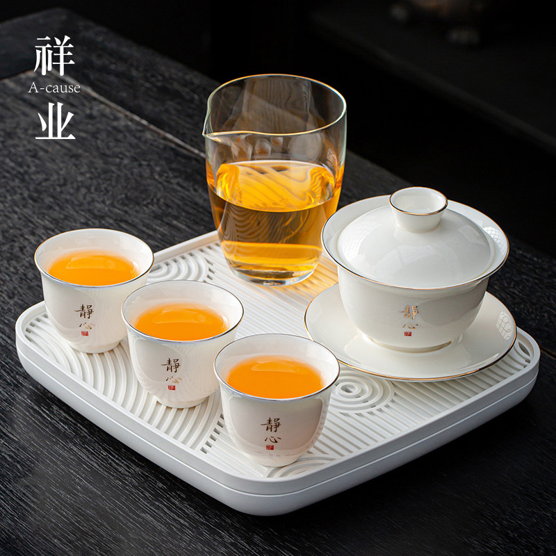 羊脂玉白陶瓷茶具套装年轻人女生高颜值会客功夫泡茶盖碗茶杯茶盘