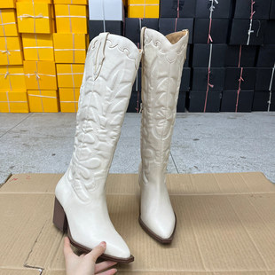 气质尖头纯色粗跟复古时装 外贸原单女靴微瑕时尚 长靴 Shoes Lady