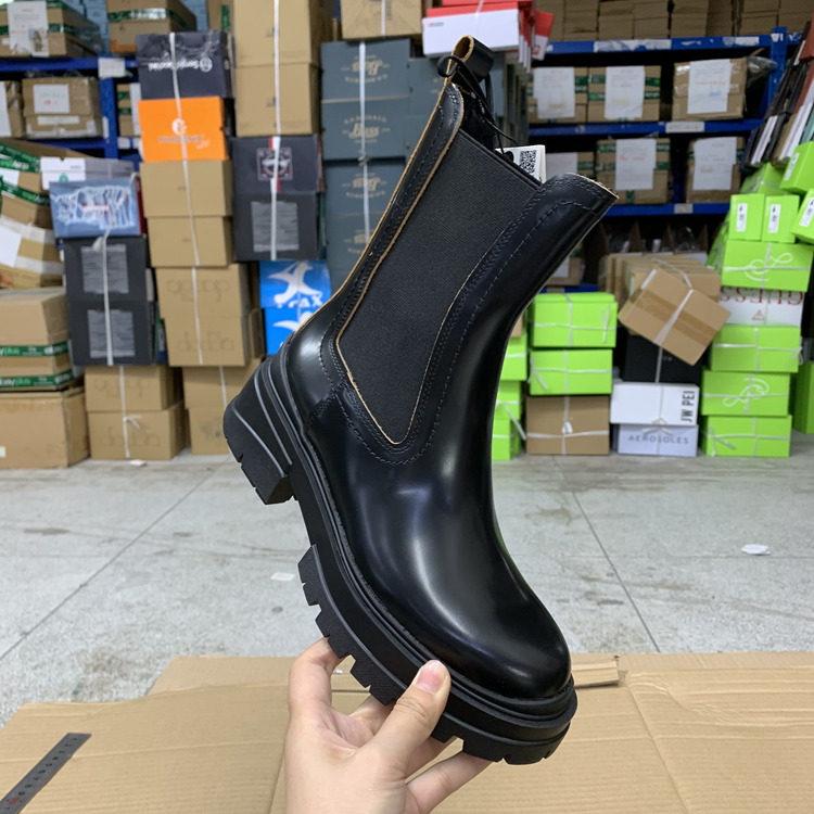 外贸原单女靴真皮厚底圆头纯色粗跟时尚新款百搭套筒短靴烟筒靴