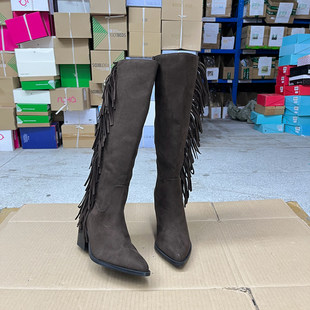 西部靴流苏靴 时尚 外贸原单女靴尖头纯色粗高跟时装 侧拉链长靴新款