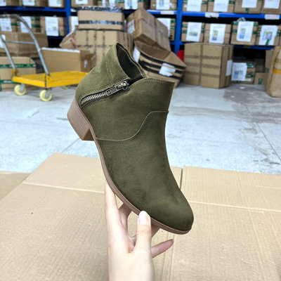 外贸原单女鞋秋季新款尖头粗跟纯色侧拉链时尚百搭复古舒适短靴