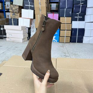 外贸原单女靴新款方头粗跟厚底纯色内里带毛时尚显高洋气百搭短靴