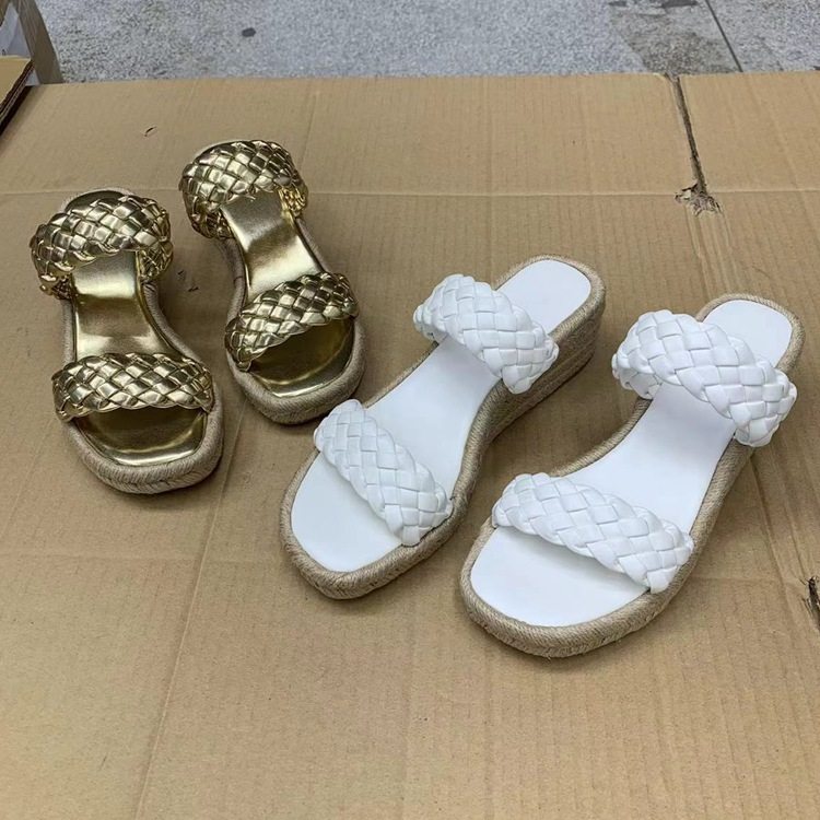 厚底草编麻绳底编织坡跟凉鞋