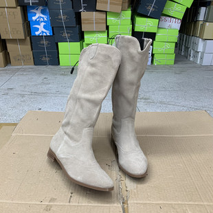 靴子日常外穿 舒适百搭女款 外贸原单尖头粗跟长靴真皮简约时尚 新款