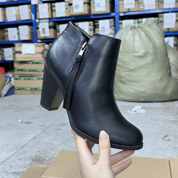 外贸原单女靴尖头纯色粗跟时尚气质侧拉链春秋单靴及踝短靴