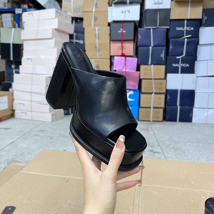 外贸原单女鞋新款方头厚底粗跟防水台纯色时尚显高百搭舒适凉拖鞋