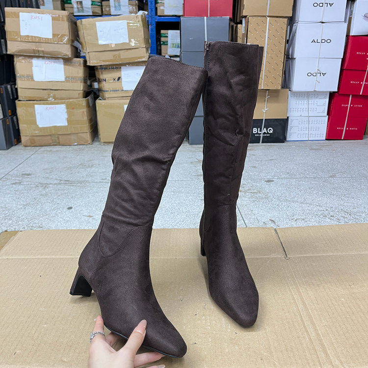 外贸原单女靴新款时尚尖头纯色细高跟侧拉链时装长靴显瘦西部靴