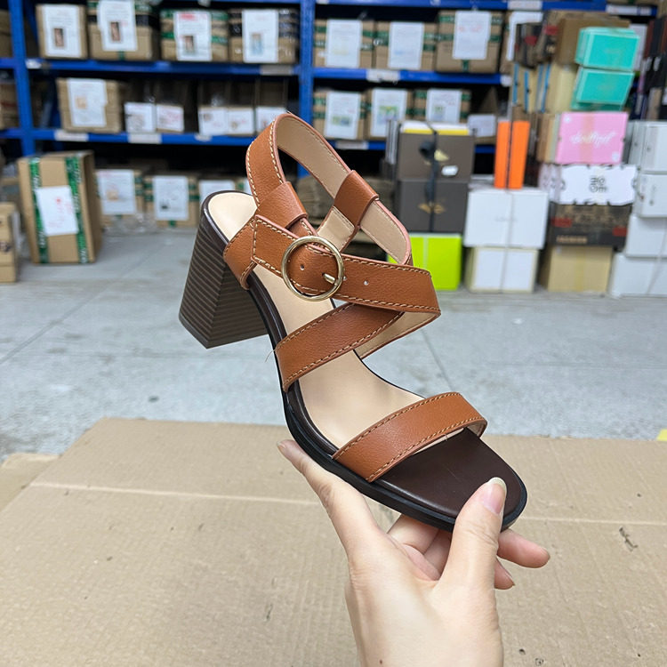 外贸原单女鞋新款圆头粗跟高跟简约休闲时尚百搭日常后空舒适凉鞋