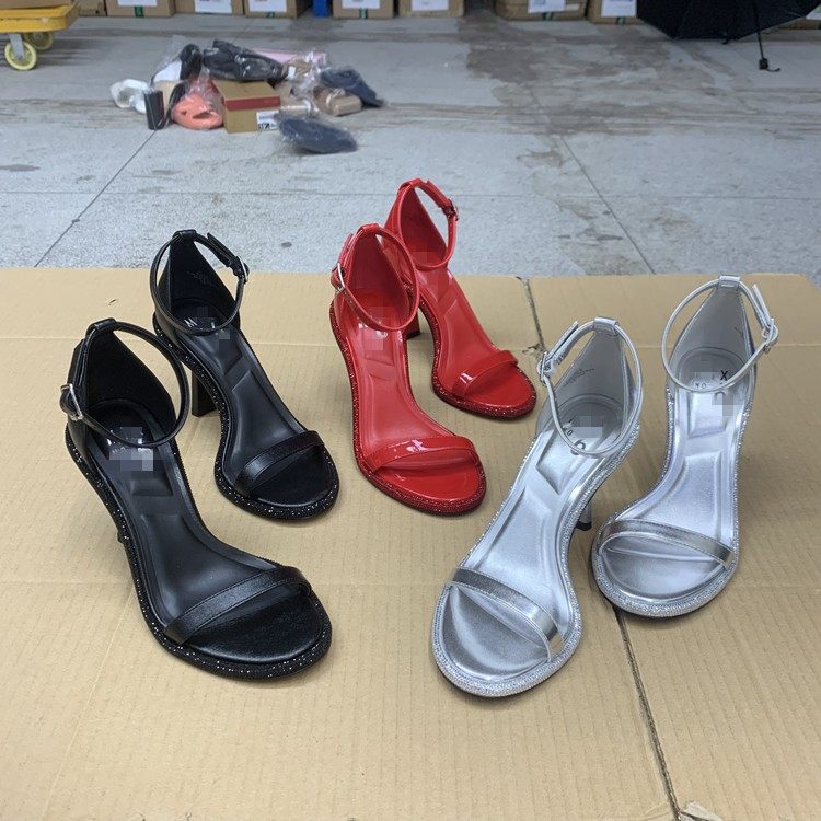 外贸原单时尚百搭尖头一字带细侧空跟露趾高跟凉鞋女鞋