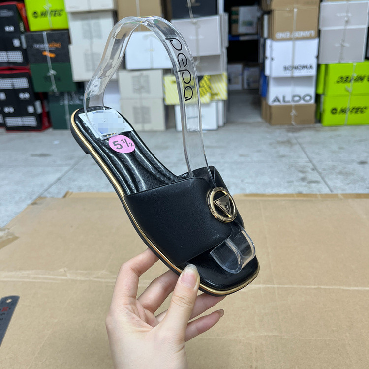 百搭休闲方头纯色三角标平底拖鞋