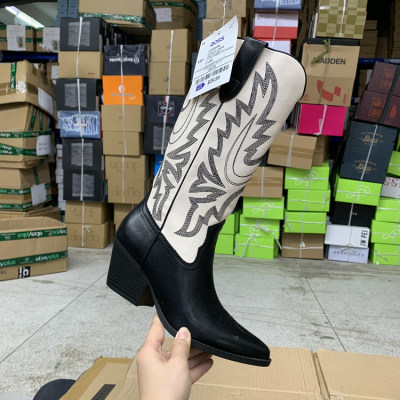 尖头粗跟中筒靴复古西部靴骑士靴