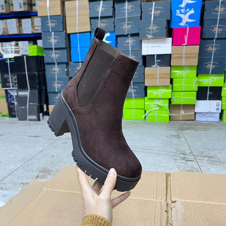 外贸原单女靴新款时尚百搭圆头纯色粗跟厚底侧拉链时装短靴烟筒靴