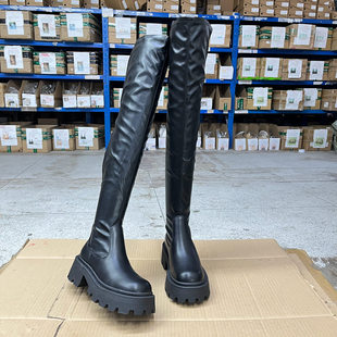 Lady 圆头纯色粗跟防水台套筒长靴过膝靴 Shoes外贸原单女靴时尚