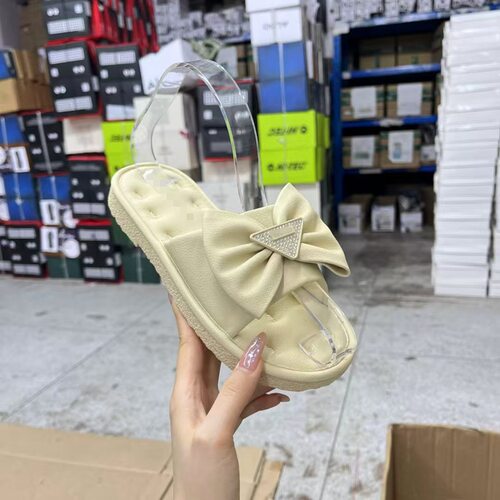 圆头蝴蝶结三角标带钻平底拖鞋