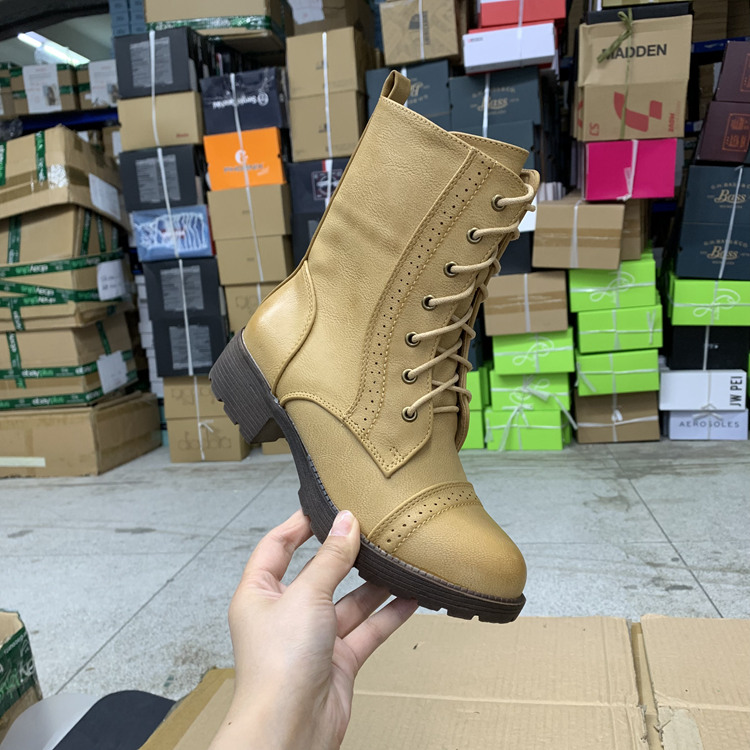 圆头纯色侧拉链系带短靴马丁靴