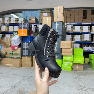 外贸原单童鞋新款时尚圆头厚底粗跟筒口带毛侧拉链系带时装短靴