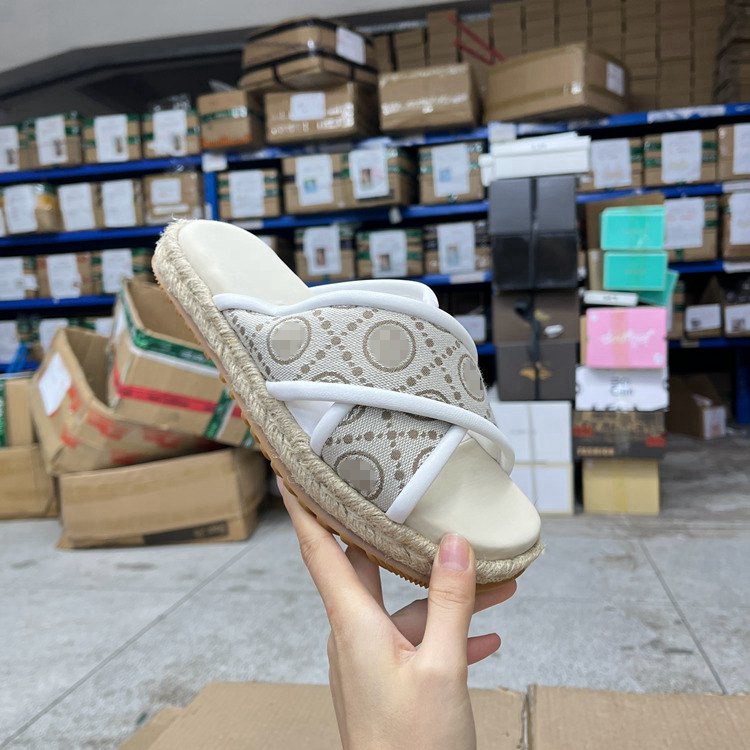 全真皮布面圆头编织平底时尚拖鞋