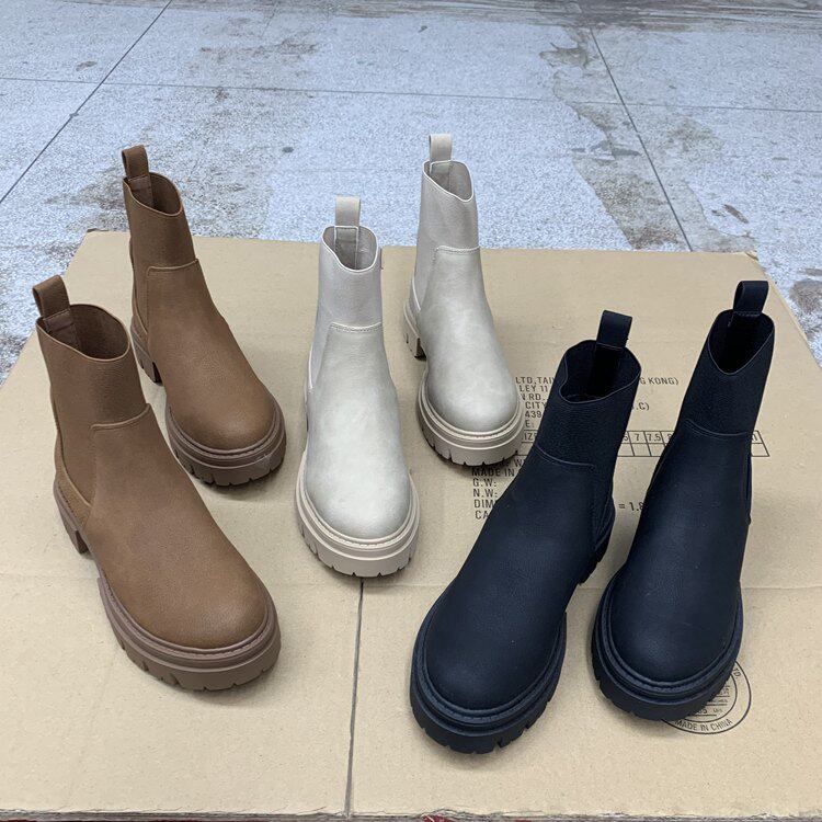 外贸原单女鞋新款圆头厚底绒面时尚休闲松紧套筒短靴