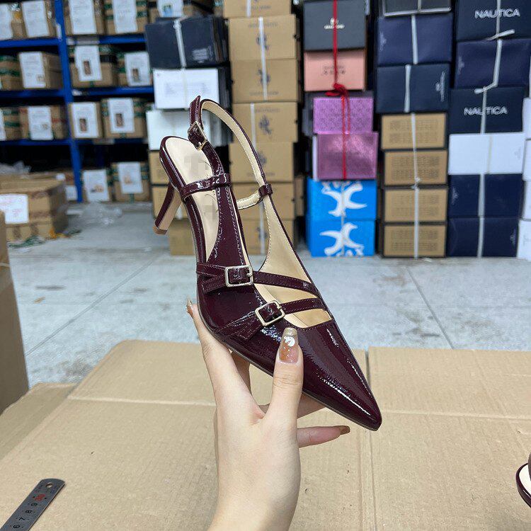 外贸原单shoes新款尖头细跟单鞋简约时尚气质一字扣后空女高跟鞋