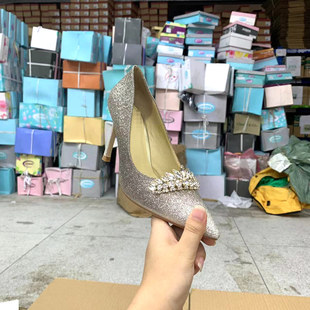 外贸原单女鞋内里鞋底真皮尖头细高跟亮钻气质时尚高雅浅口单鞋