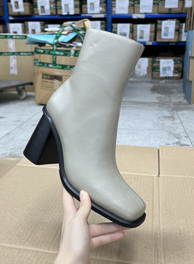 外贸原单里外全真皮女鞋瘦款不适合胖脚方头粗跟浅灰色高跟短靴