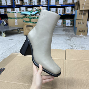 外贸原单里外全真皮女鞋瘦款不适合胖脚方头粗跟浅灰色高跟短靴