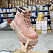 Lady Shoes外贸原单女靴真皮微瑕圆头粗跟厚底系带工装 短靴马丁靴