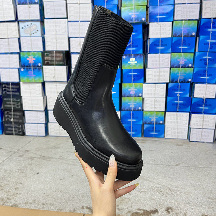 外贸原单女靴圆头纯色厚底防水台弹力布套筒时装短靴时尚烟筒靴