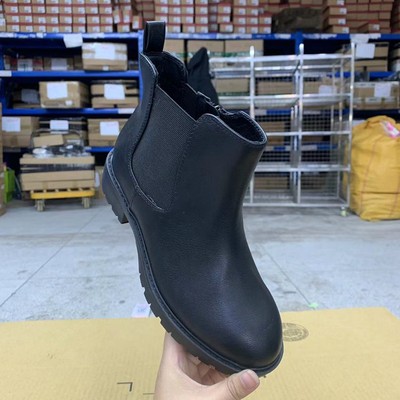 加宽短靴圆头粗跟侧拉链纯色春秋