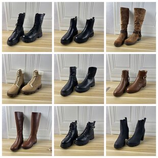 外贸原单女靴时尚 41码 圆头纯色粗跟侧拉链短靴长靴 Shoes杂款 Lady