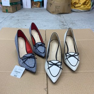 外贸原单女鞋新款法式尖头小香风拼色蝴蝶结浅口细高跟单鞋