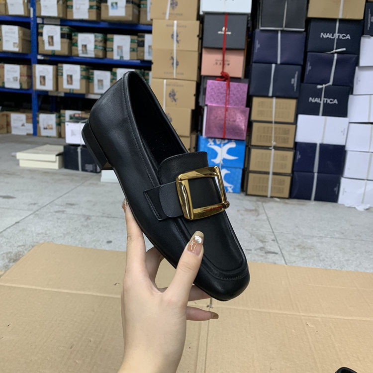 外贸出口女鞋新款真皮方头搭扣纯色平底一脚蹬时尚百搭洋气单鞋