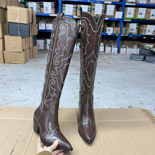 长靴 气质尖头纯色粗跟复古套筒时装 Lady Shoes外贸原单女靴时尚