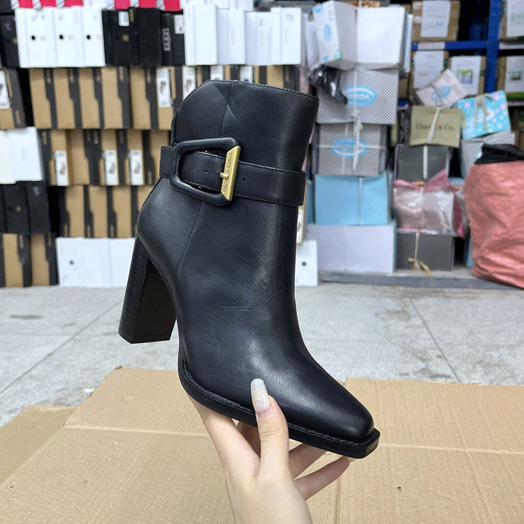 外贸原单女鞋新款真皮尖头时尚金属扣纯色舒适高跟粗跟短靴,女鞋,时装靴,淘宝优惠券,粉丝福利购,淘宝优惠卷