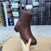 外贸原单圆头粗跟短靴简约时尚 侧拉链舒适百搭日常外穿女靴子 新款