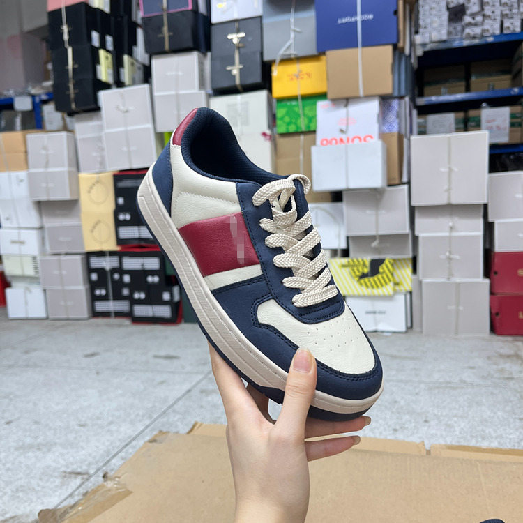 休闲拼色圆头厚底系带单鞋板鞋