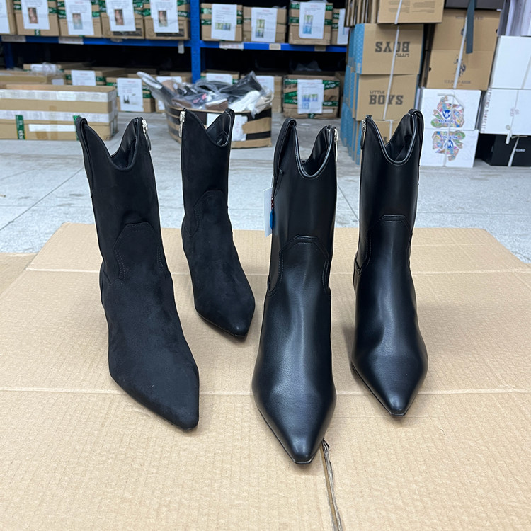 外贸原单欧美时尚牛仔切尔西尖头细跟中跟侧拉链短靴骑士靴瘦瘦靴