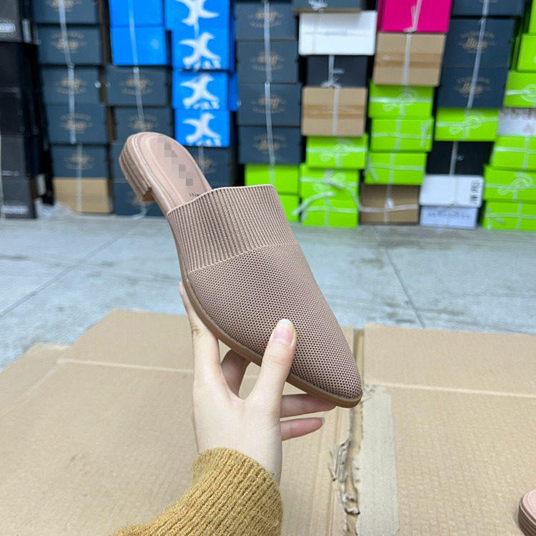 外贸原单女鞋新款尖头针织面平底时尚百搭一脚蹬透气日常舒适半拖