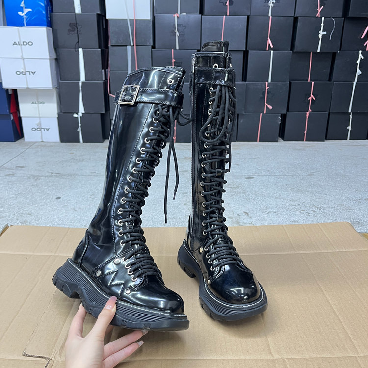 圆头厚底系带皮带扣长筒靴骑士靴