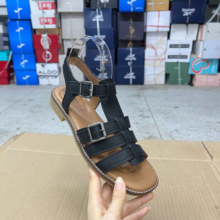 Lady Shoes外贸原单女鞋圆头纯色皮带扣时尚平底一字扣时装凉鞋