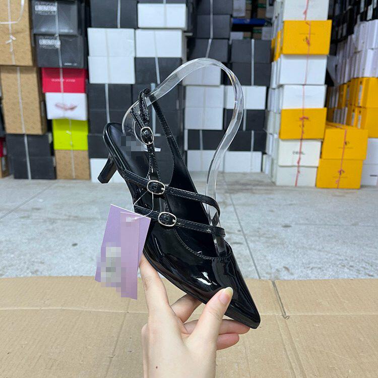 Lady Shoes 外贸原单女鞋微瑕尖头纯色细高跟一字扣浅口单鞋凉鞋